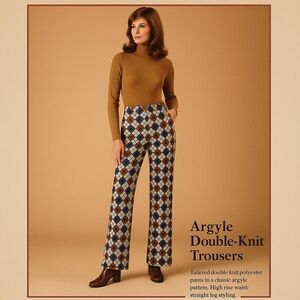 Authentic Retro 1970s Argyle Double Knit Permanent Press Polyester Slacks, 6